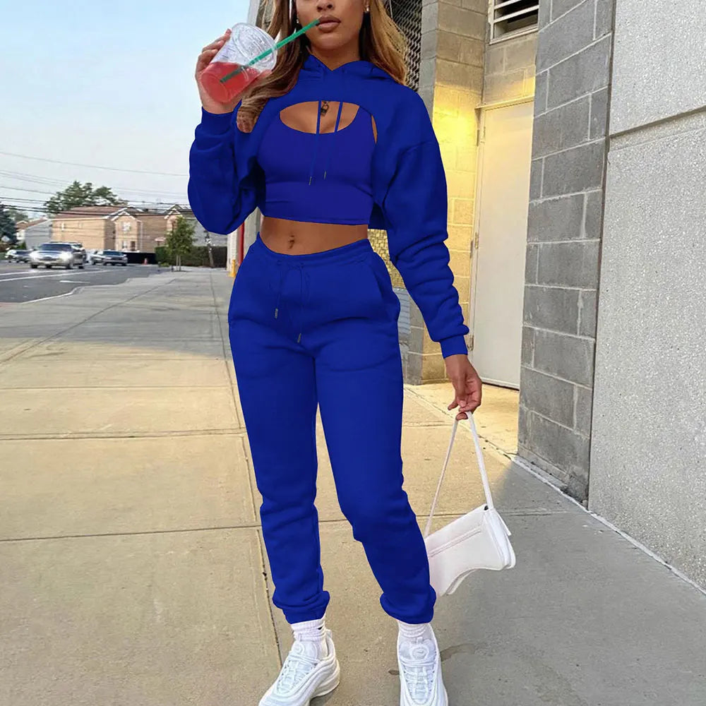 3 Piece Set cotton Sweatpants and Hoodie Set Cropped Top