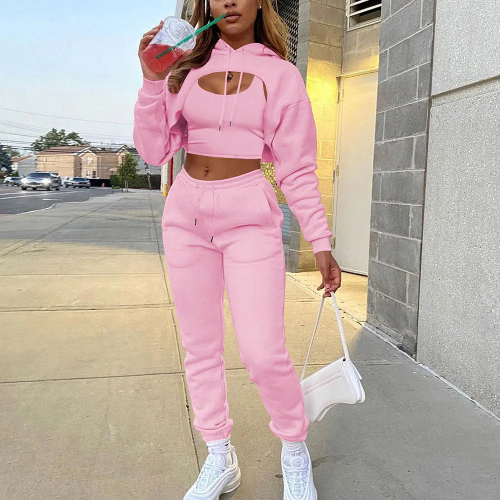 3 Piece Set cotton Sweatpants and Hoodie Set Cropped Top