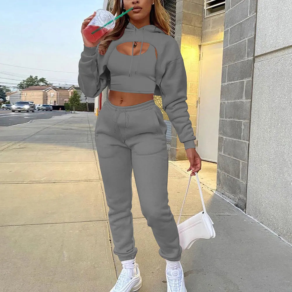 3 Piece Set cotton Sweatpants and Hoodie Set Cropped Top