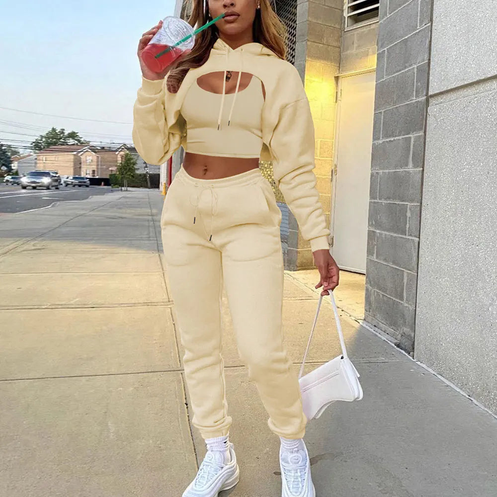 3 Piece Set cotton Sweatpants and Hoodie Set Cropped Top