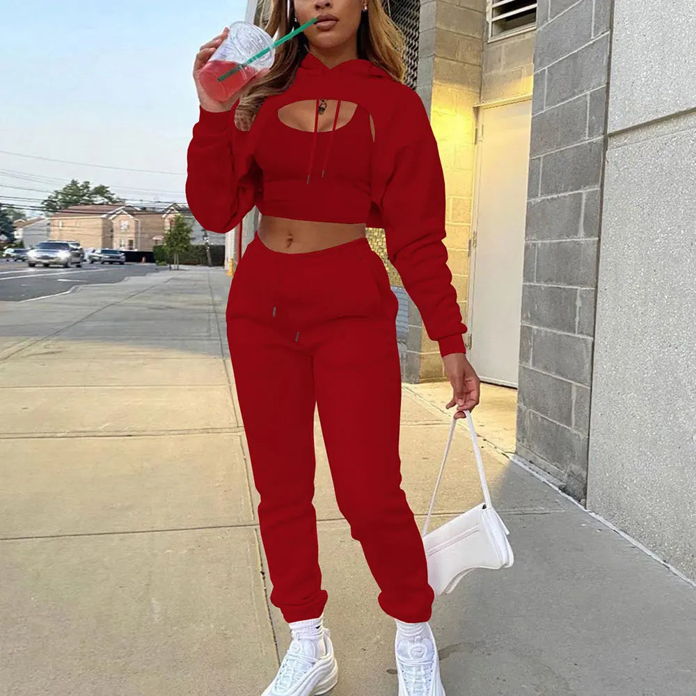 3 Piece Set cotton Sweatpants and Hoodie Set Cropped Top